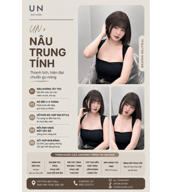 Nâu Trung Tính – Màu tóc thanh lịch, hiện đại kết hợp Bob bằng tại UN Hair Studio