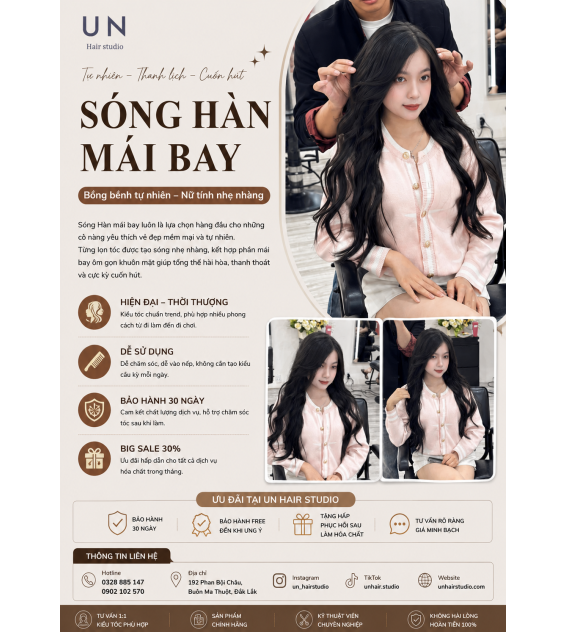 UN Hair × Sóng Hàn + Mái Bay – Mềm mại, nữ tính, chuẩn vibe Hàn Quốc