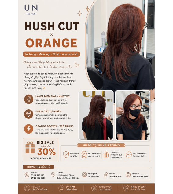 Hush Cut × Orange Brown – Kiểu tóc trẻ trung, mềm mại và nổi bật tại UN Hair Studio