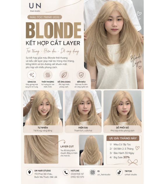 BLONDE KẾT HỢP CẮT LAYER – DIỆN MẠO TÓC SÁNG TRẺ, THỜI THƯỢNG TẠI UN HAIR STUDIO