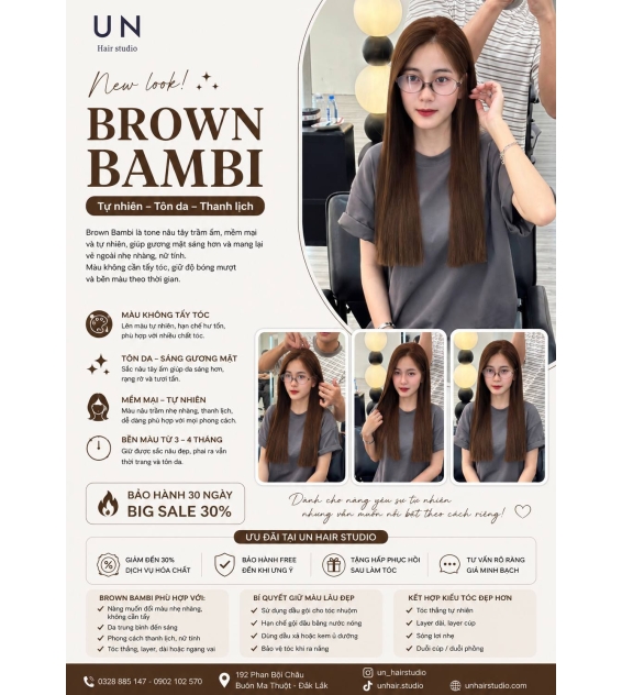 Brown Bambi – Màu tóc nâu trầm ấm, tự nhiên và thanh lịch tại UN Hair Studio